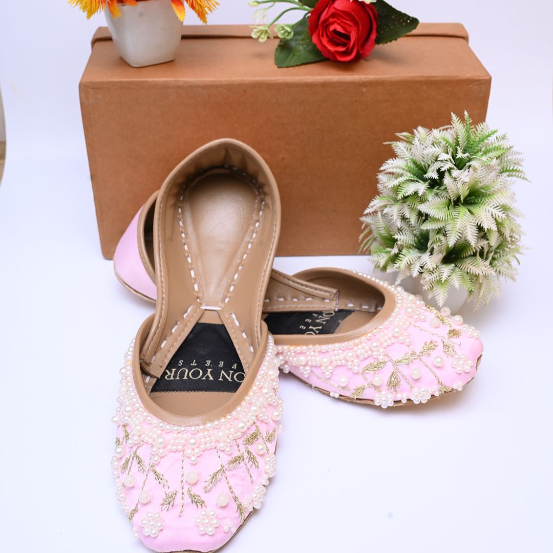 Exclusive Handcrafted Pink Raw Silk Khussas For Women