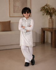 White Mirror Work Father & Son Kurta Pajama Set For Men & Kid
