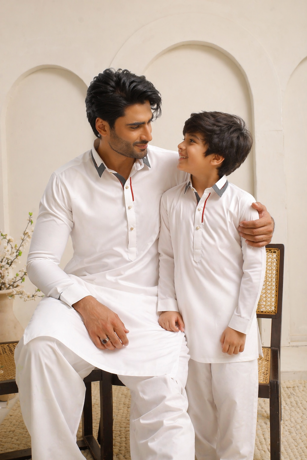 White Father & Son Matching Shalwar Kameez Set For Men & Kid