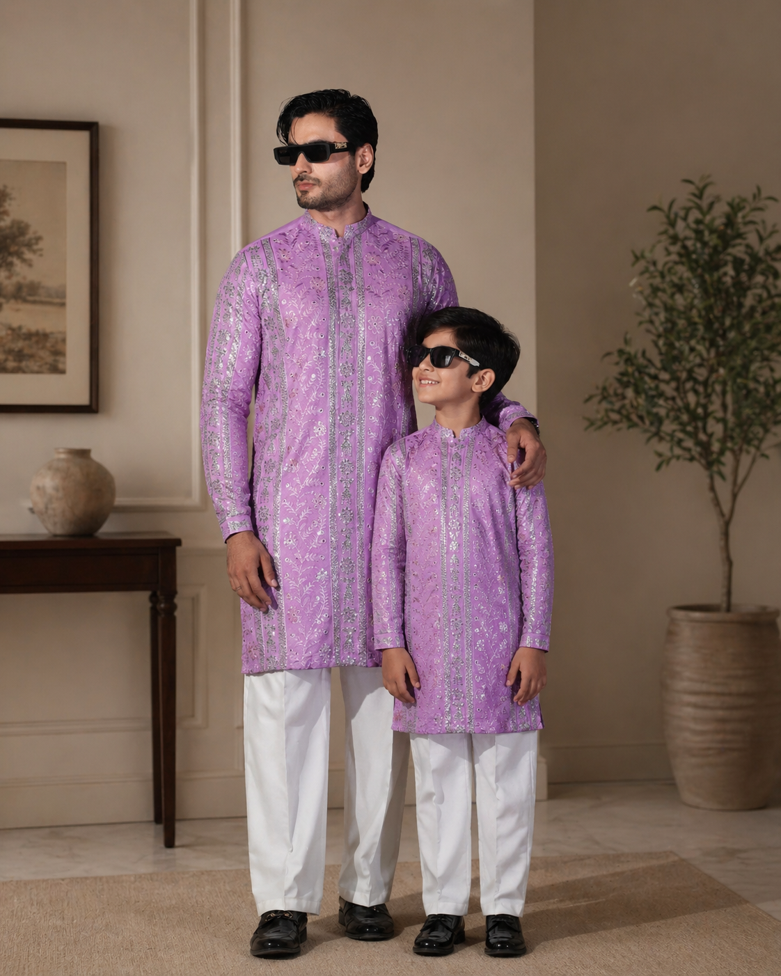 Purple Father & Son Matching Kurta Pajama Set For Men & Kid