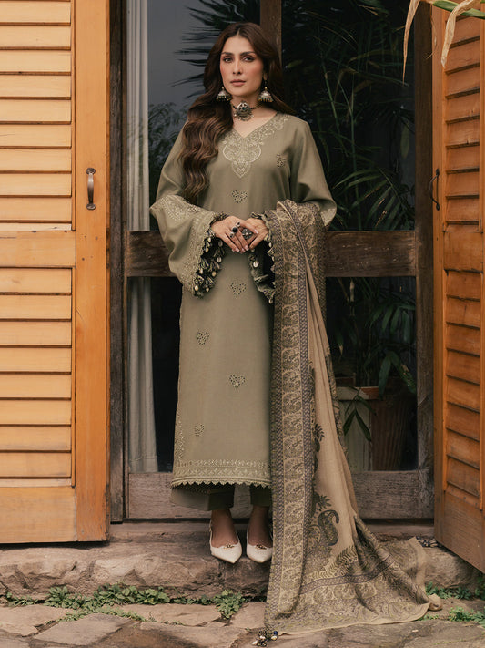 Rukh – Mouse Grey Embroidered Winter Suit For Women
