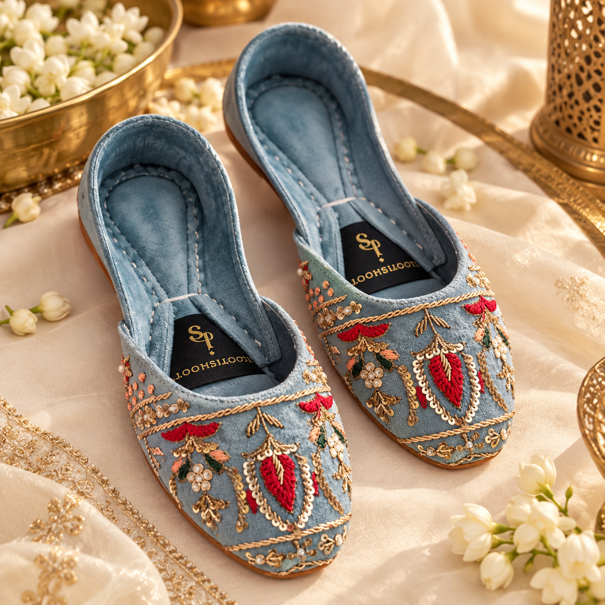 Resham Pink & Blue Traditional Velvet Khussa For Women