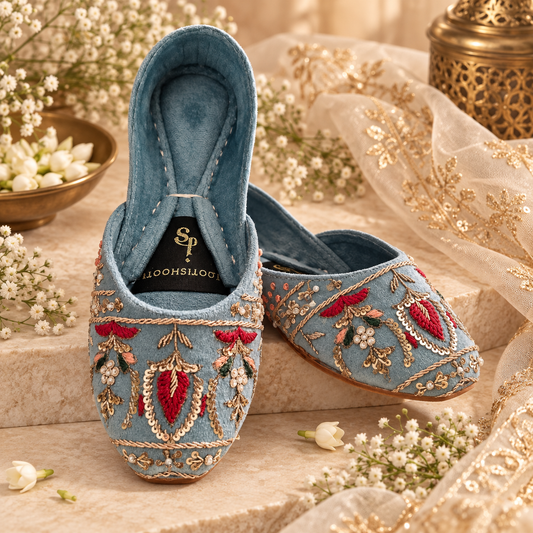 Resham Pink & Blue Traditional Velvet Khussa For Women