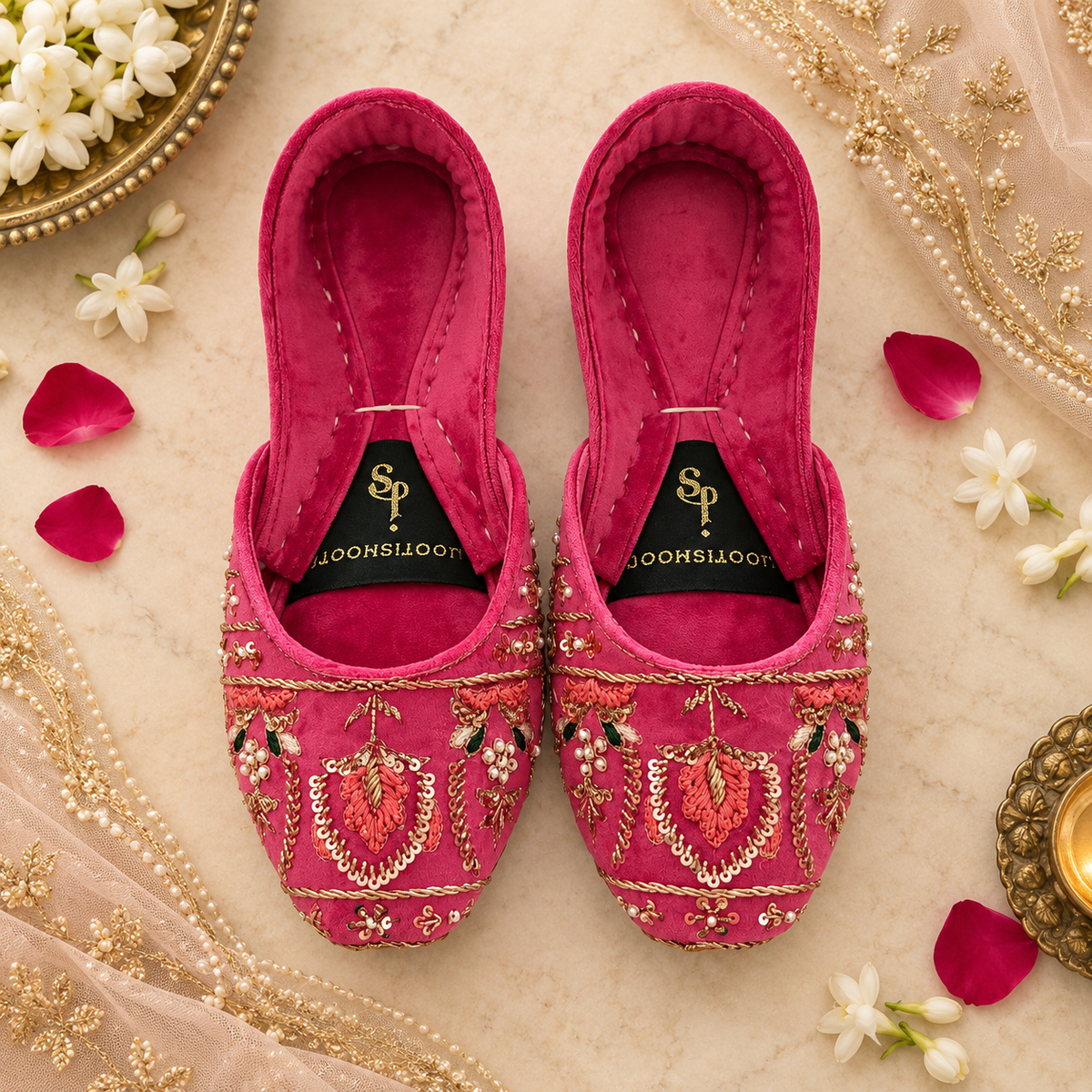 Resham Pink & Blue Traditional Velvet Khussa For Women