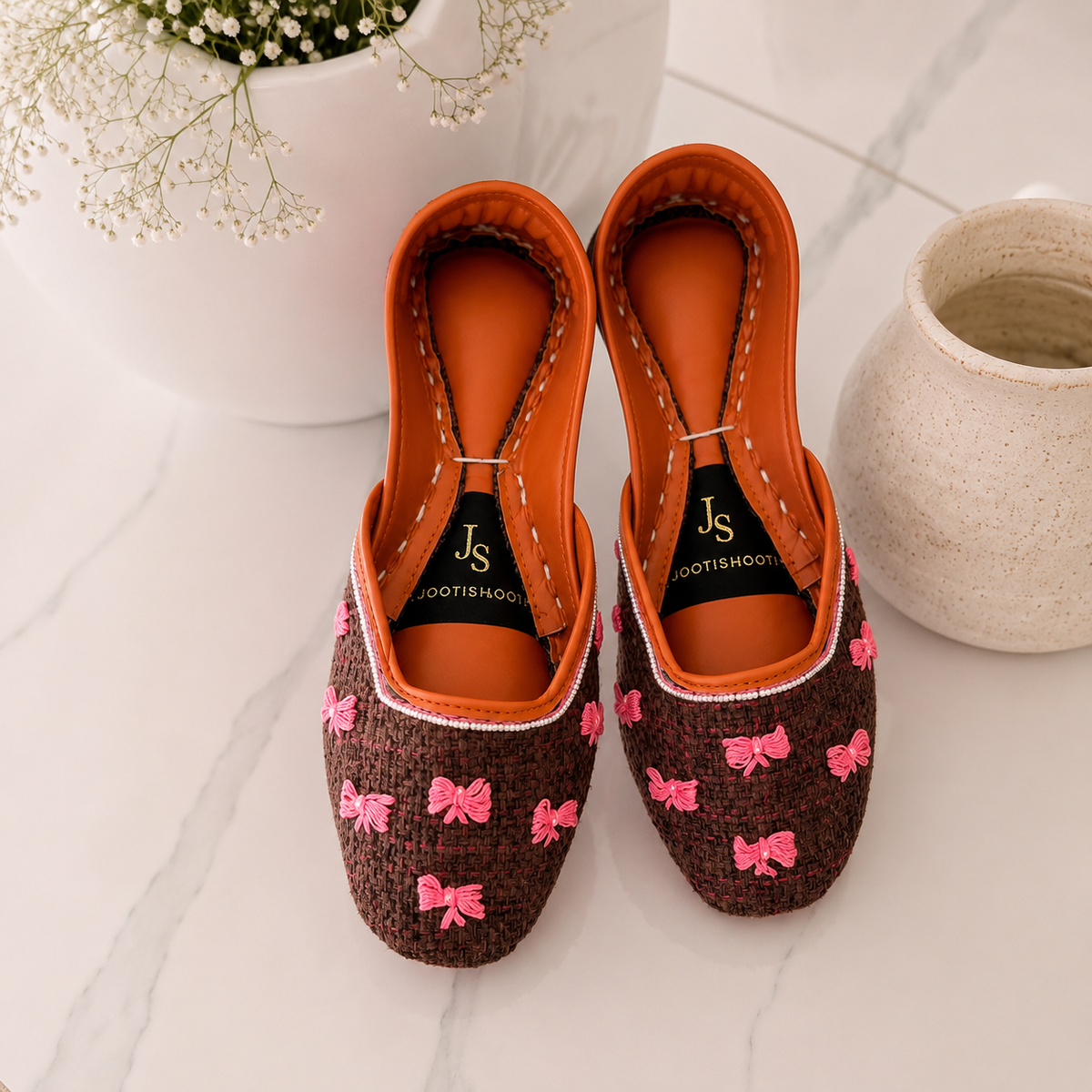 Ribbon Reverie Mocha Embroidered Bow Khussa For Women