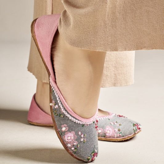 Floral Grey Denim Khussa – Stylish Comfort with a Traditional Touch For Women