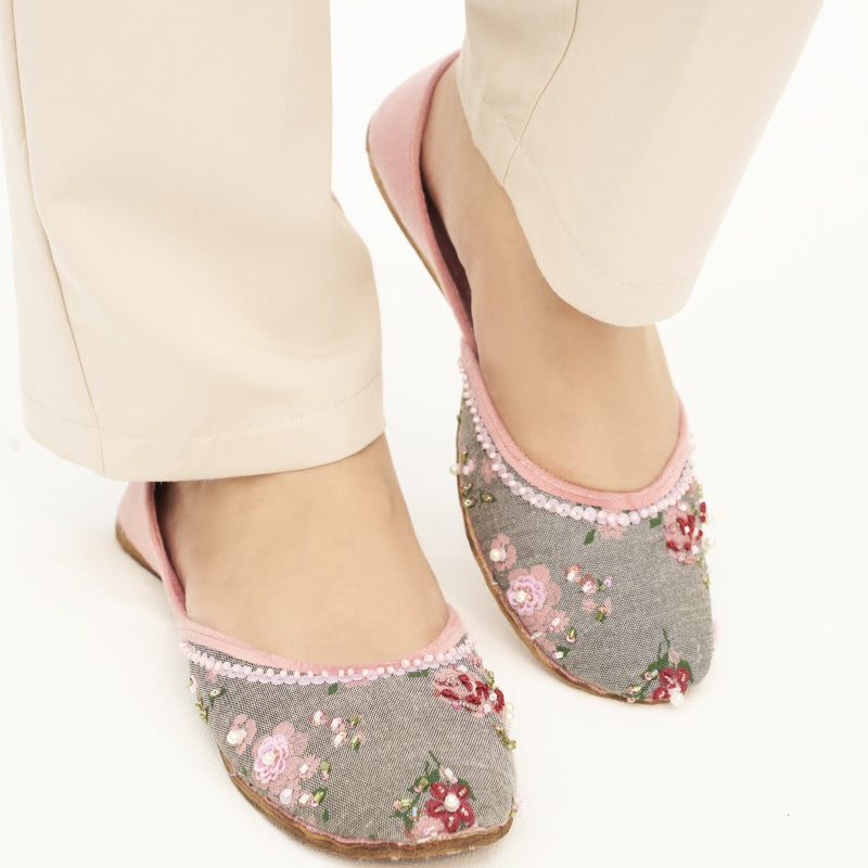 Floral Grey Denim Khussa – Stylish Comfort with a Traditional Touch For Women