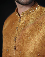 Rust Embroidered Atlas Kameez Shalwar with Dupatta For Men