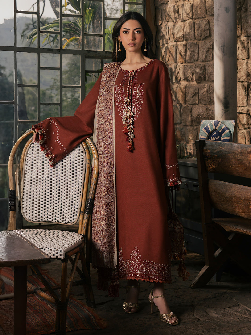 Sahal – Burnt Orange Embroidered Winter Suit For Women