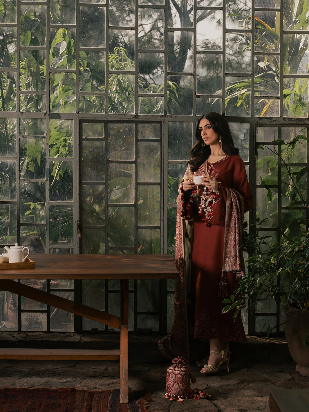Sahal – Burnt Orange Embroidered Winter Suit For Women