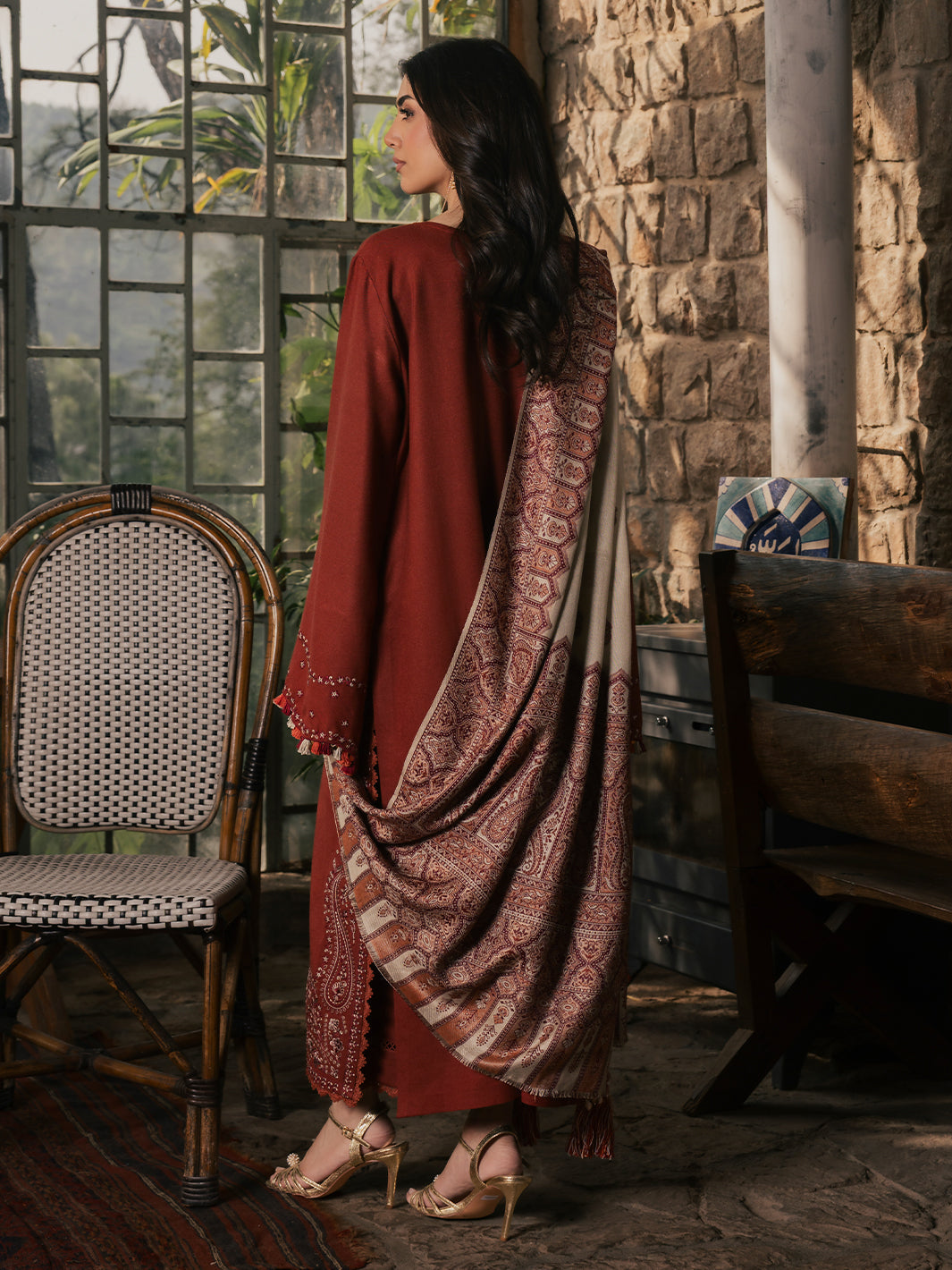 Sahal – Burnt Orange Embroidered Winter Suit For Women