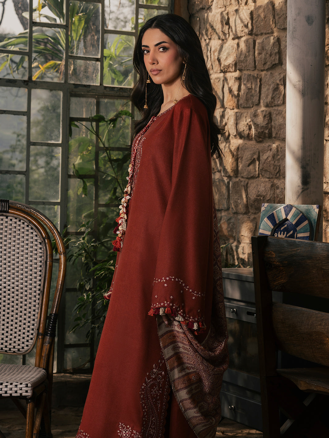 Sahal – Burnt Orange Embroidered Winter Suit For Women