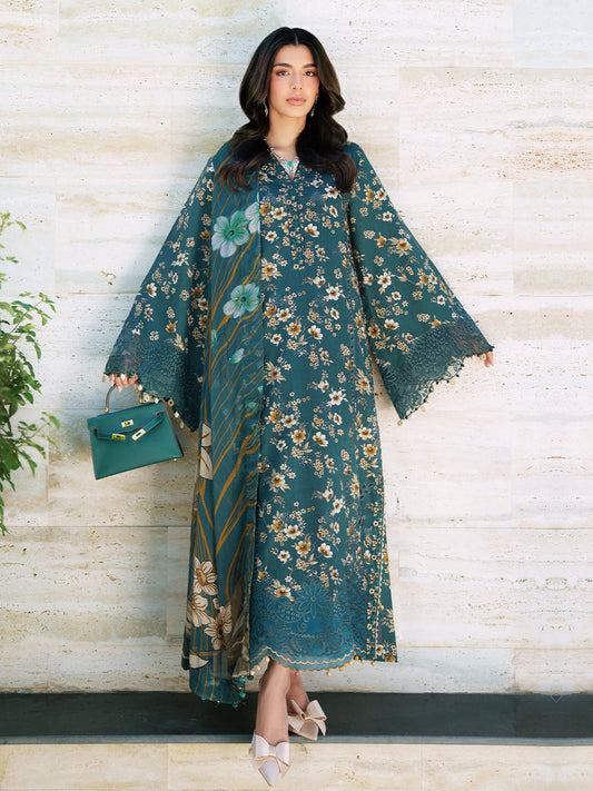 SOLIN – Sunset Muse Bottle Green Embroidered Lawn 3 Piece Suit For Women