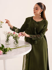 Silken – Deep Green Raw Silk Embroidered Suit For Women