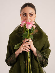 Silken – Deep Green Raw Silk Embroidered Suit For Women