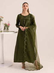 Silken – Deep Green Raw Silk Embroidered Suit For Women
