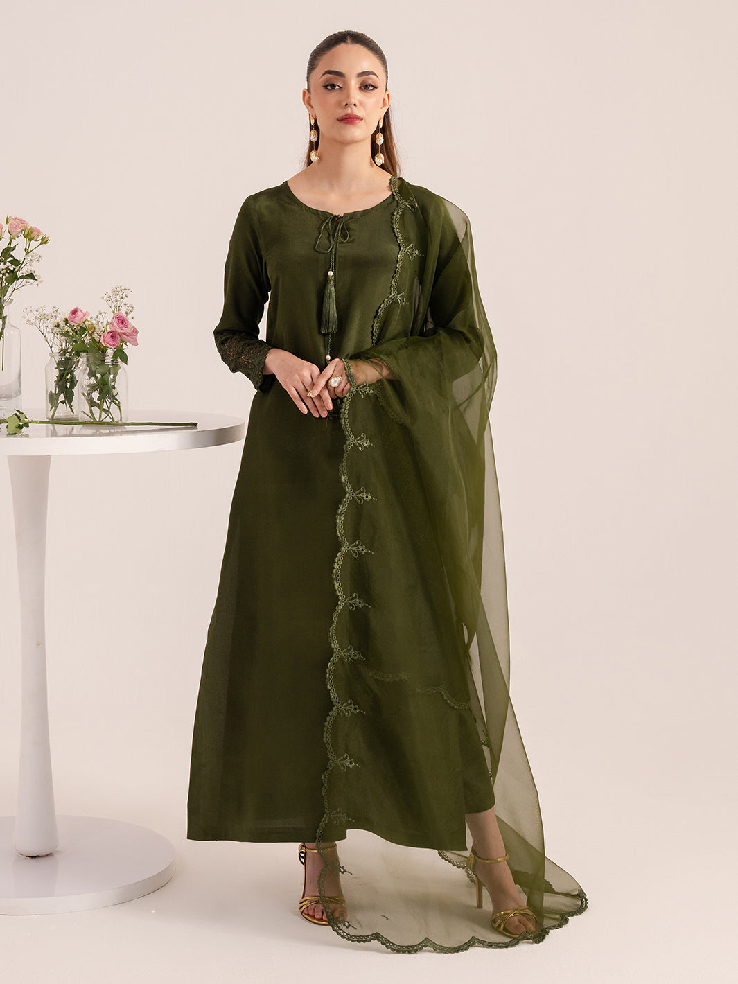 Silken – Deep Green Raw Silk Embroidered Suit For Women