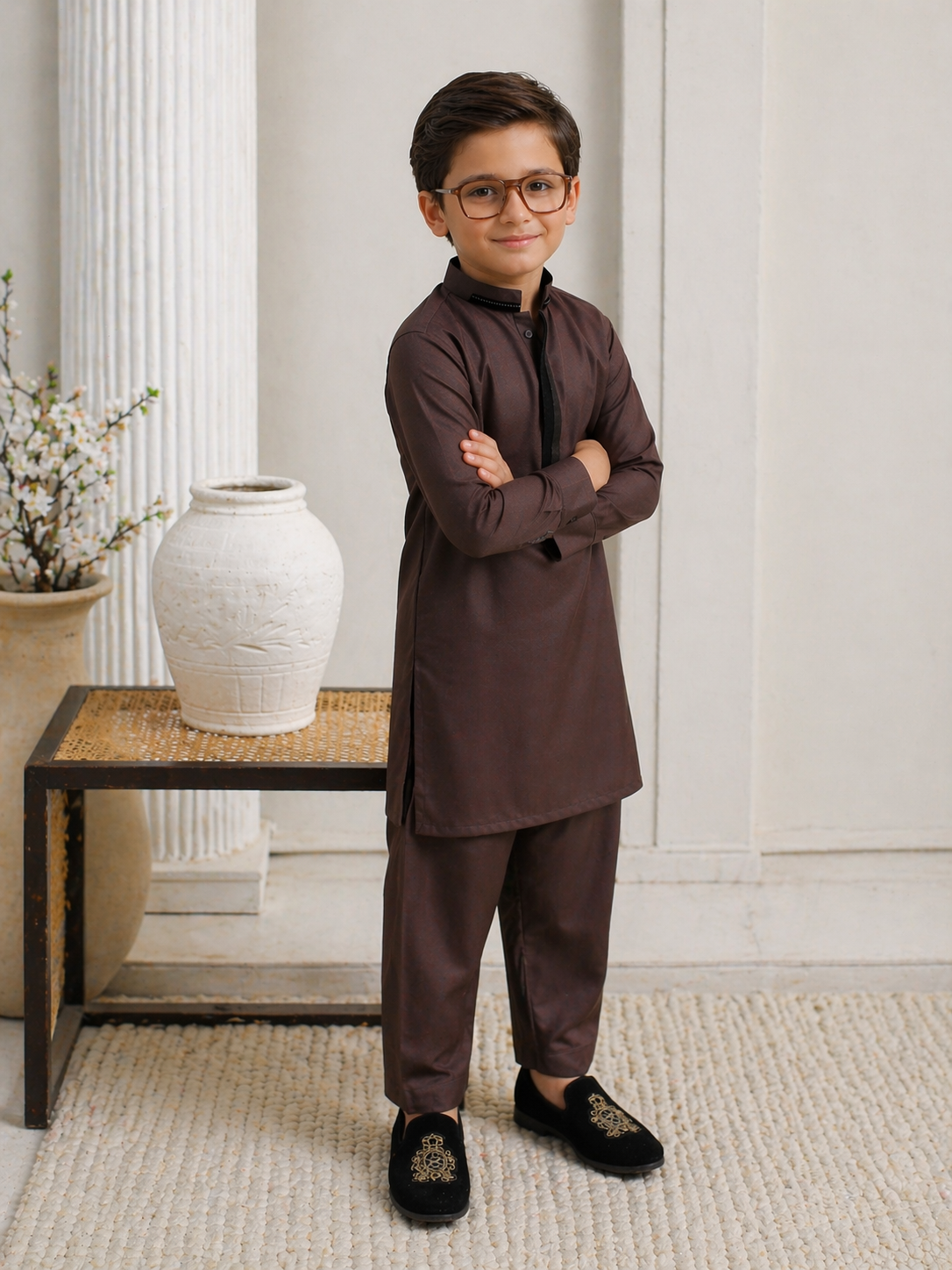 Classic Brown Premium Kurta Shalwar Set For Boys