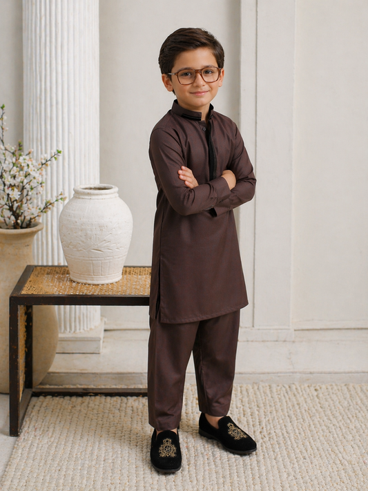 Classic Brown Premium Kurta Shalwar Set For Boys