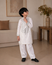White Mirror Work Father & Son Kurta Pajama Set For Men & Kid