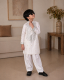 Boys White Mirror Work Kurta Pajama Set For Boys