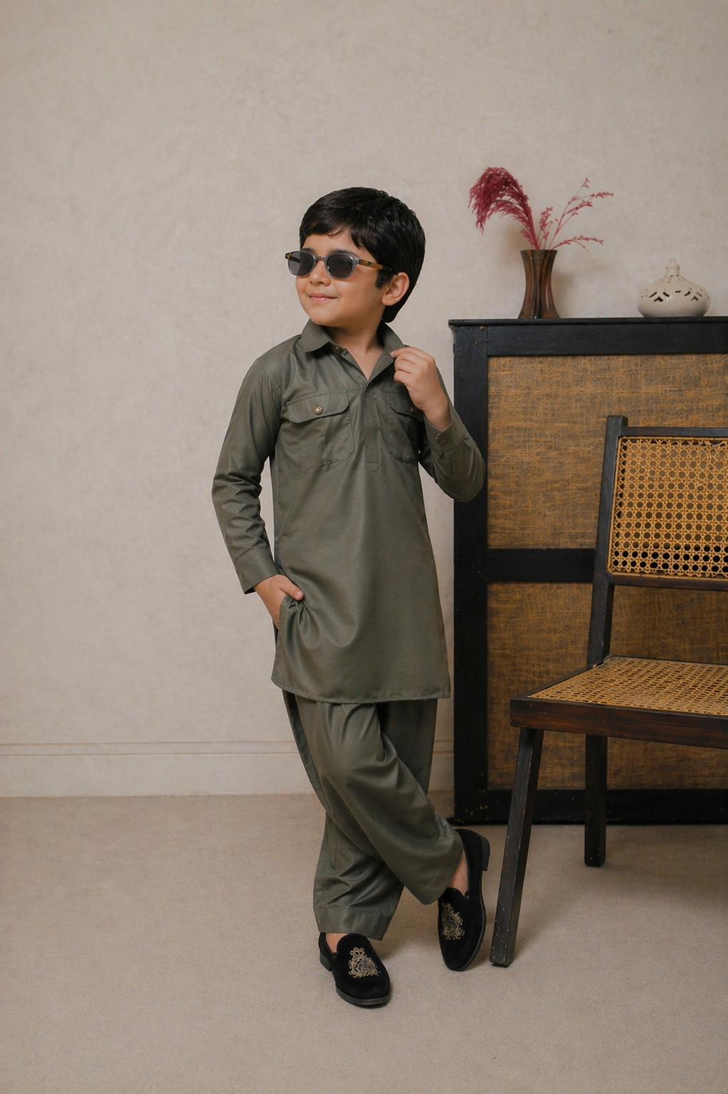 Royal Heritage Olive Green Kurta Set For Boys