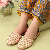 Sundus – Bright Yellow Nawabi Khussas with Floral Print For Women