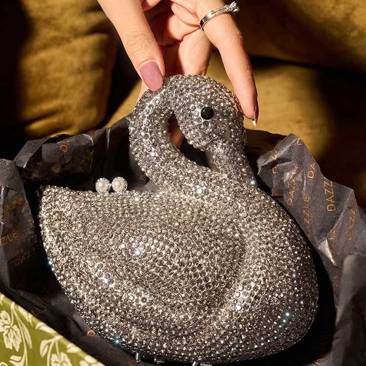 Luxury Crystal Swan Clutch – Silver & Pink For Women