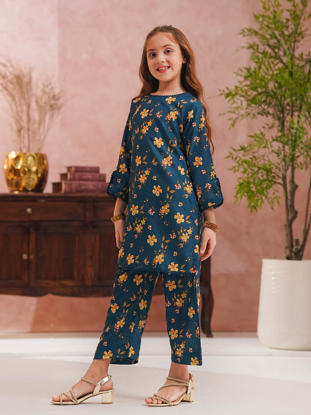 Teal Floral Printed Kids 2-Piece Set – Shirt & Trouser For Girls