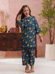 Teal Floral Printed Kids 2-Piece Set – Shirt & Trouser For Girls