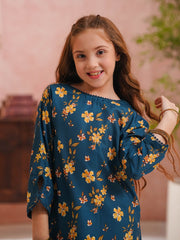 Teal Floral Printed Kids 2-Piece Set – Shirt & Trouser For Girls