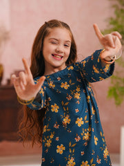 Teal Floral Printed Kids 2-Piece Set – Shirt & Trouser For Girls
