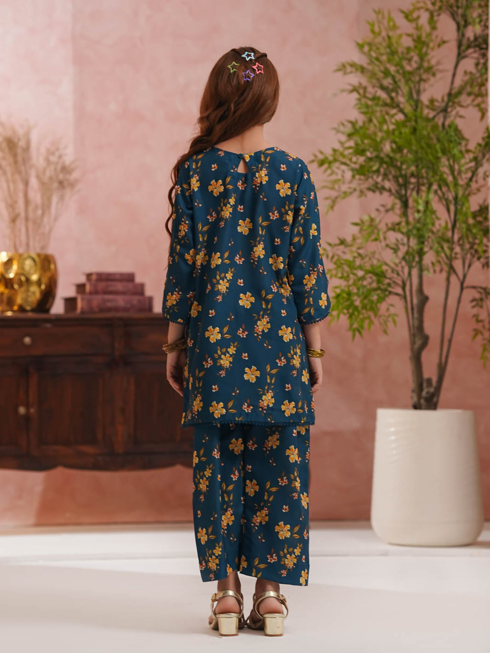 Teal Floral Printed Kids 2-Piece Set – Shirt & Trouser For Girls