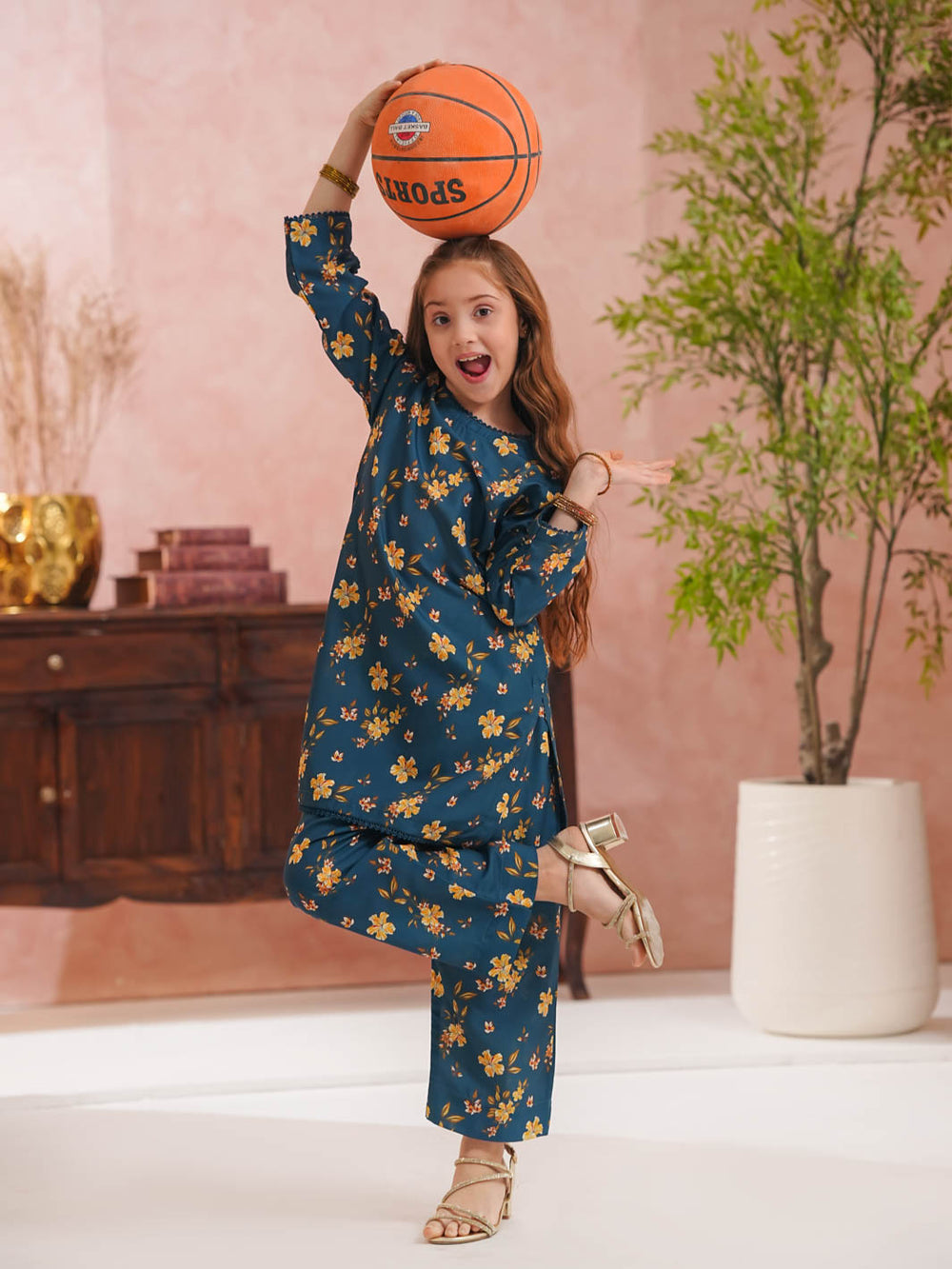 Teal Floral Printed Kids 2-Piece Set – Shirt & Trouser For Girls