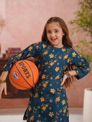 Teal Floral Printed Kids 2-Piece Set – Shirt & Trouser For Girls