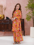 Kids Orange Floral Printed 2-Piece Kurta Set For Girls
