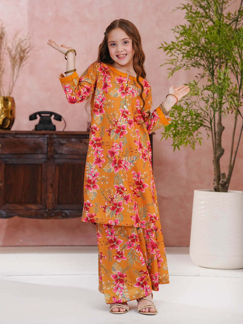 Kids Orange Floral Printed 2-Piece Kurta Set For Girls