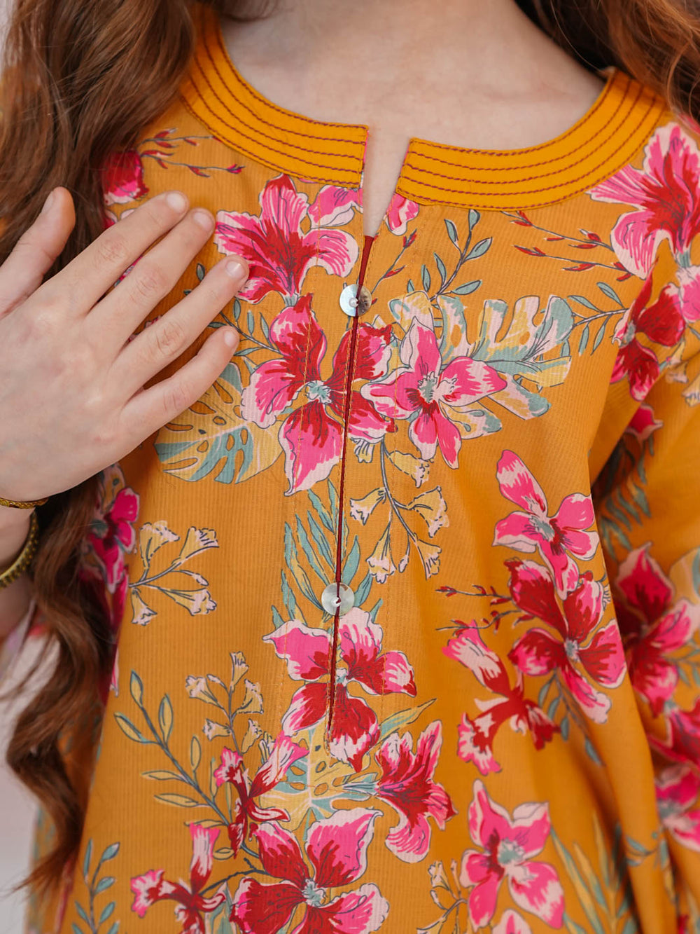 Kids Orange Floral Printed 2-Piece Kurta Set For Girls