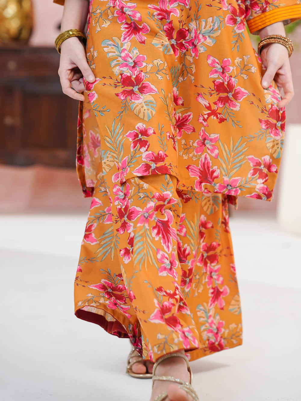 Kids Orange Floral Printed 2-Piece Kurta Set For Girls