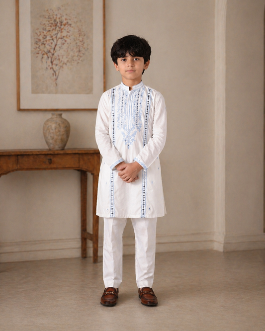 Boys White Mirror Work Kurta For Boys