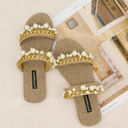 Riviera Pearl – Pearl & Chain Statement Flats For Women