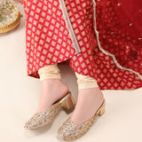 Golden Elegance Heels – Handcrafted Brocade Sparkle For Women