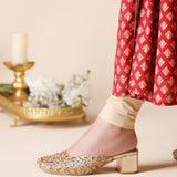 Golden Elegance Heels – Handcrafted Brocade Sparkle For Women