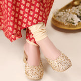 Golden Elegance Heels – Handcrafted Brocade Sparkle For Women