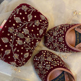 Bridal Maroon Velvet Clutch & Jutti Set  For Wedding