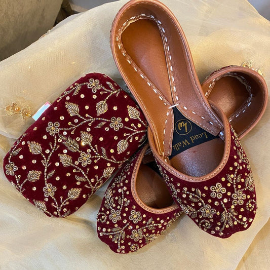 Bridal Maroon Velvet Clutch & Jutti Set  For Wedding