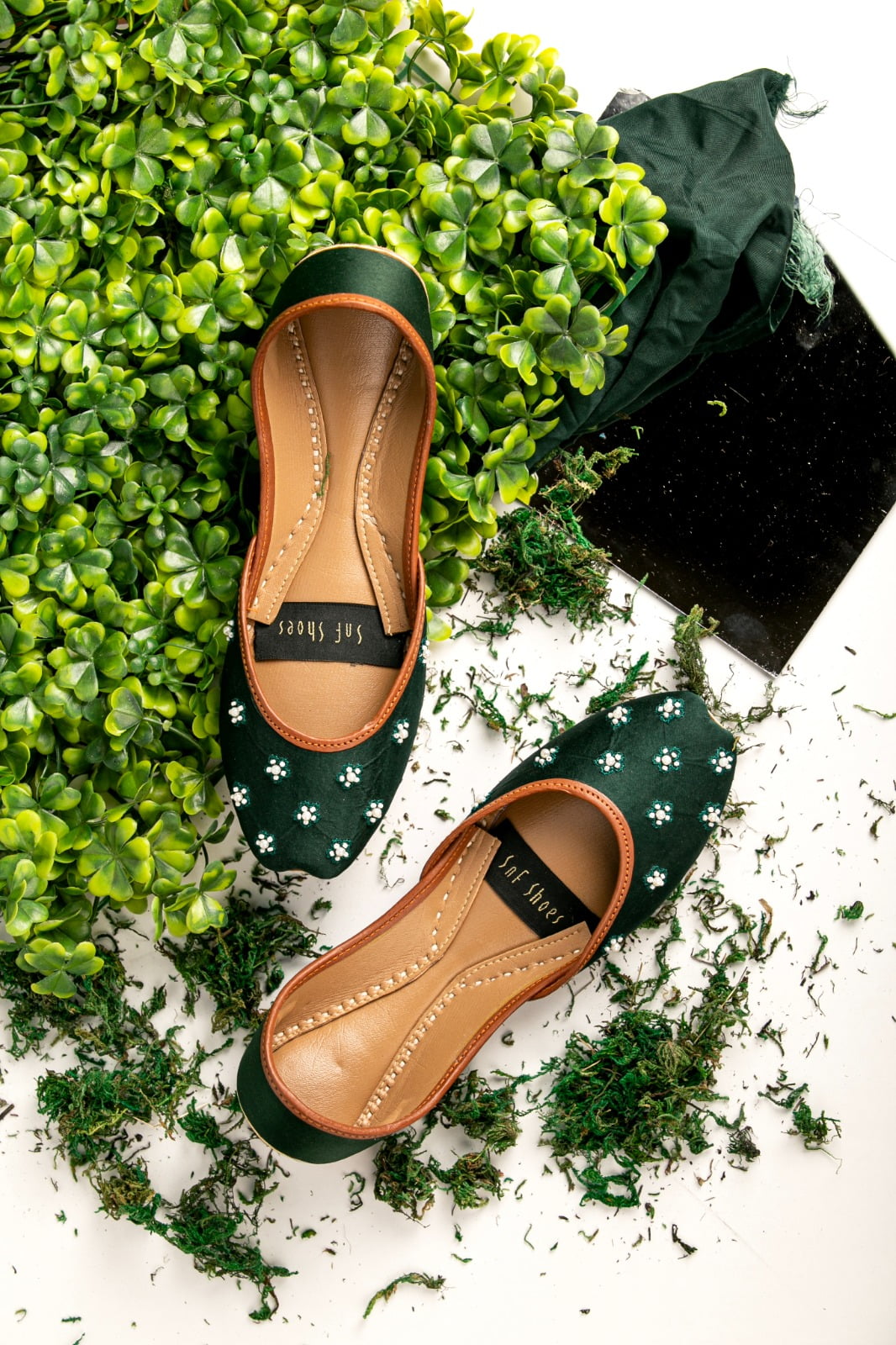 Elegant Green/Black Khussa with White Blossom Design  For Women