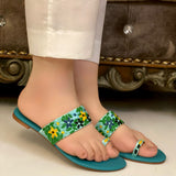 Sea Green And Black Floral Embroidered Flats – Comfort Meets Charm For Women