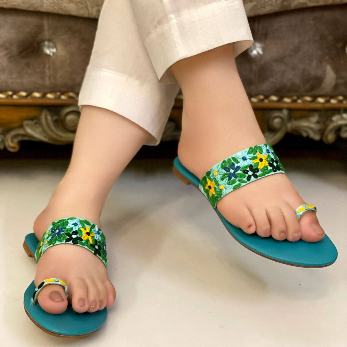 Sea Green And Black Floral Embroidered Flats – Comfort Meets Charm For Women