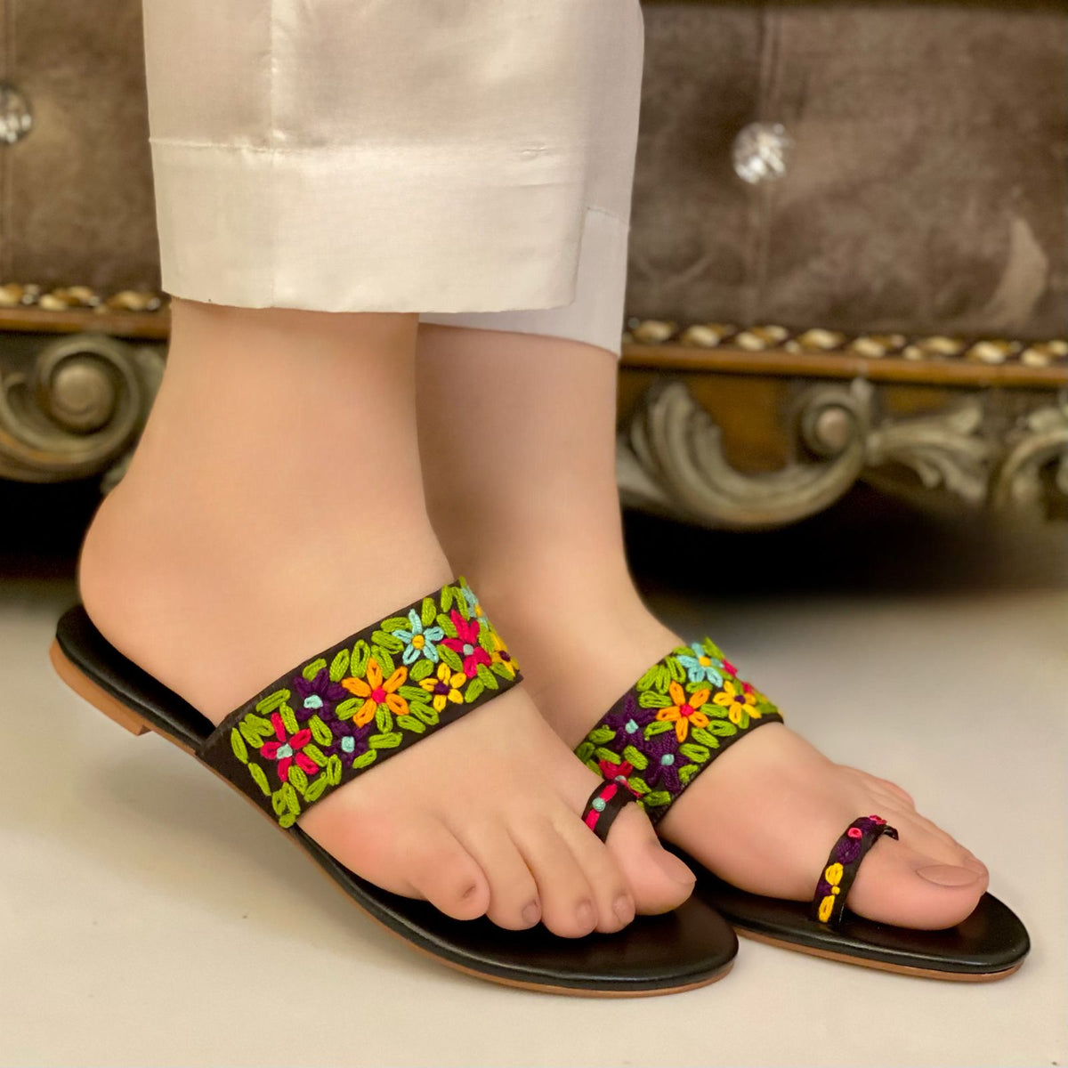Sea Green And Black Floral Embroidered Flats – Comfort Meets Charm For Women